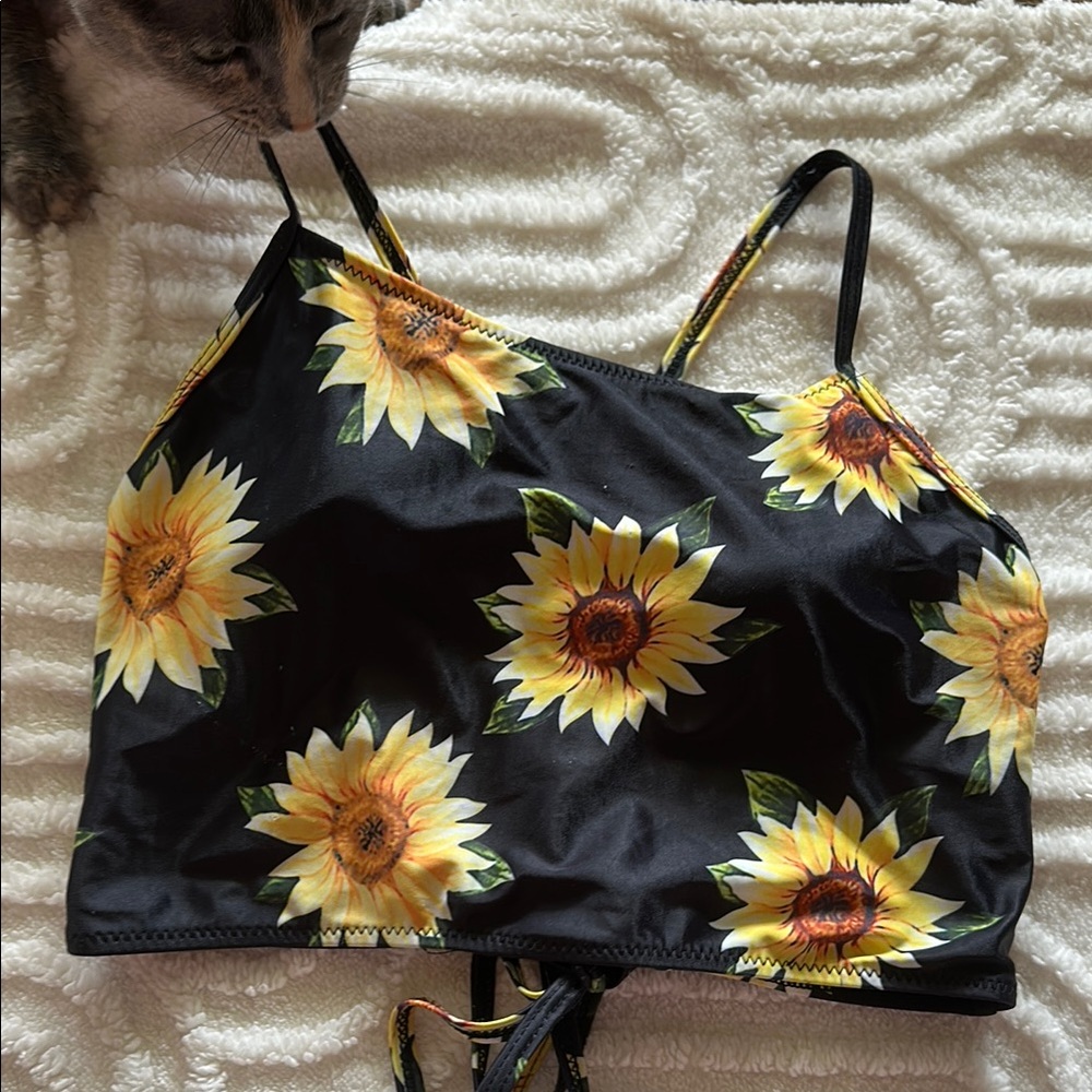 Sunflower Print Black Swim Tankini Top